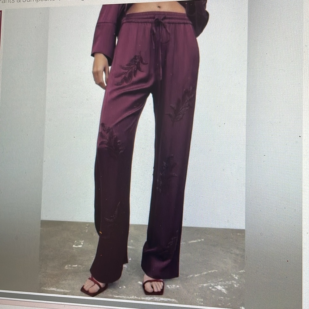 Zara satin beaded drawstring Purple wide leg Women's Pants